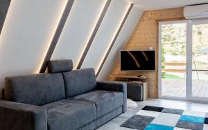 a living room with a couch and a tv at Serce Lasu - Hotel z Duszą i Energią Kamieni in Czarna