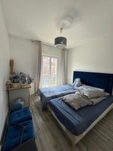 a bedroom with a blue bed and a window at Emmanuel INN 4 in Drancy