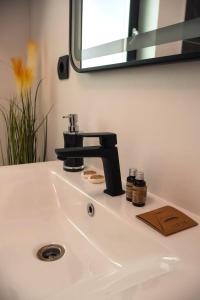 a bathroom sink with a black faucet and a mirror at Ares Chalet in Horezu +36 photos
