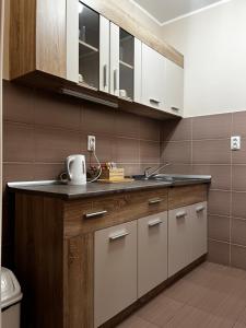 a kitchen with white cabinets and a sink at Apartman Milkovic 2 in Sombor