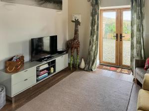 a living room with a tv and a giraffe statue at Maggie's Place in Holsworthy