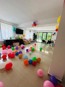 Ein Wohnzimmer mit vielen Luftballons auf dem Boden in der Unterkunft Vila Ema Râşnov in Râșnov + 123 Fotos