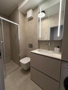 a bathroom with a toilet and a sink and a shower at MOOD Apartment Piešťany Centrum, parking, terasa in Piešťany