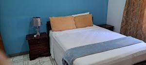 a bedroom with a bed and a nightstand with a blue wall at Villa Vista in Steer Town