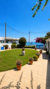 a walkway with potted plants and the ocean in the background at Antonios Apartments Stegna in Archangelos