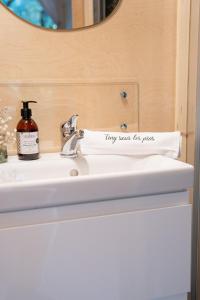 a white bathroom sink with a mirror above it at La Tiny sous les pins in Noves