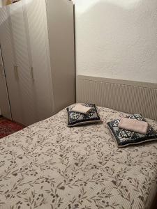 a bed with two pillows on top of it at Keremeti guest house in Dzhangyaryk +3 photos