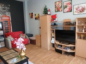 a living room with a couch and a television at Tosmare Apartament in Liepāja