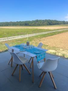 a table and chairs with a table and a field at Apartment Naturblick in Strem