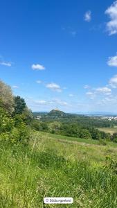 a view of a field with a hill in the distance at Apartment Naturblick in Strem