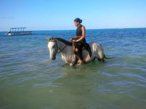 a woman riding a horse in the ocean at Villa Vista in Steer Town