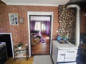 a living room with a fireplace and a brick wall at Smestaj Bojanine Vode in Niš