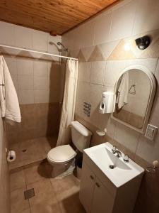 a bathroom with a white toilet and a sink at Sur Refugio de Montaña in El Chalten