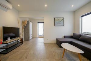 a living room with a couch and a tv at Beachstudio - Centrum Callantsoog aan Zee in Callantsoog