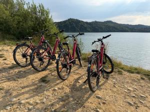 four bikes parked on the shore of a lake at Gorczański Wierch in Maniowy +12 photos