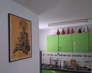 a kitchen with green cabinets and a picture on the wall at Villa creole in Le Diamant