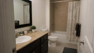 a bathroom with a sink and a toilet and a shower at Boehring Apartments in Dötlingen