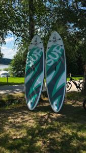 two surfboards standing next to each other in a park at Gorczański Wierch in Maniowy