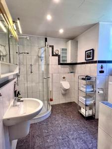 a bathroom with a sink and a shower and a toilet at Ferienwohnung Haus Kreutz in Bruttig-Fankel +10 photos