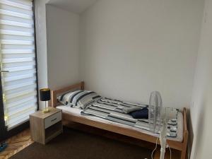 a bedroom with a bed with a fan and a window at Apartman Jovana in Bečej
