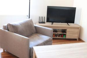 a living room with two chairs and a flat screen tv at Apartmán Nelinka in Rudná pod Pradědem