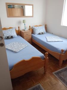 Dos camas en una habitación con sábanas azules en Perućac - Apartman sa pogledom na jezero, en Perućac