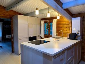 a kitchen with a sink and a counter top at Cozy and authentic log house in Dronningmølle