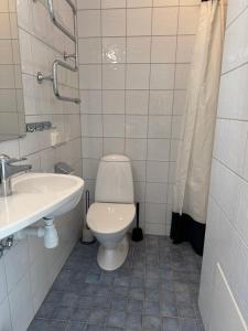 a bathroom with a toilet and a sink at Åhus Havsvillor in Åhus