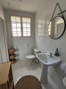 a bathroom with a sink and a toilet and a mirror at L'Échappée Cévenole in Gagnières