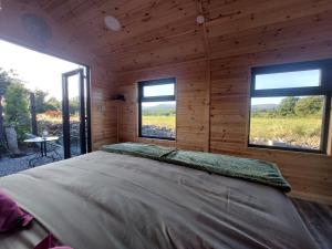 a large bed in a wooden room with two windows at Knocknafallia in Cappoquin