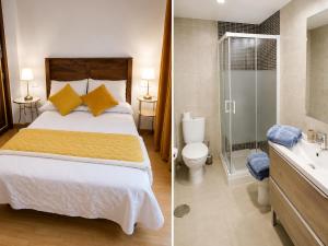 two pictures of a bedroom with a bed and a bathroom at Aire de sierra in Monachil