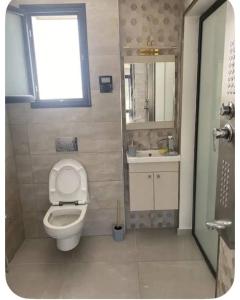 a bathroom with a toilet and a sink and a window at Immobilier Kimo in Tunis