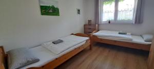 two twin beds in a room with a window at Eichkobel-Blick in Grünenbach