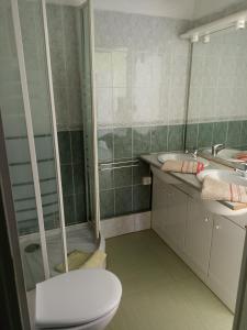a bathroom with a toilet and two sinks and a shower at Chambres d'Hôtes Le Clos Ambels in Ambialet