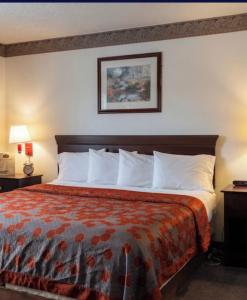 a hotel room with a bed with white pillows at EXECUTIVE INN & SUITES HIGHWAy US 59 in Lufkin