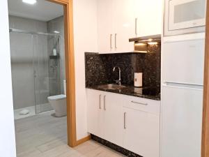 a white kitchen with a sink and a shower at Apartamentos PORTA NOVA 2 in Lugo +47 photos