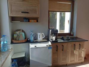 a kitchen with a stove and a sink and a counter top at Guest house in Wojtkowa