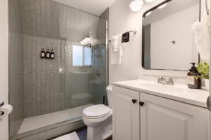 a bathroom with a shower and a toilet and a sink at Hotevilla A-Frame Cabin with Wi-Fi & Pine Tree Views in Flagstaff