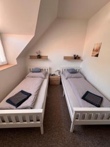 two twin beds in a room with two windows at Apart Samont in Velký Ořechov +61 photos
