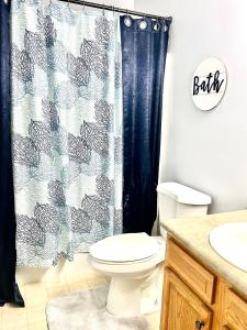 a bathroom with a toilet and a shower curtain at Grand Springwater Estate in Savannah +23 photos