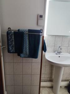 a bathroom with blue towels and a sink at Petite escapade dans le Perche 1 in Sainte-Céronne-lès-Mortagne +15 photos