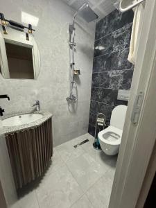 a bathroom with a sink and a toilet at Fortuna Hotel in Batumi