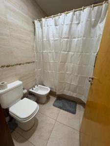 a bathroom with a toilet and a shower curtain at ALOJAMIENTO NORTE SGO in Santiago del Estero