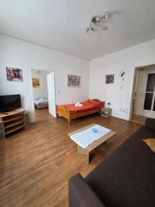 a living room with a couch and a table at Monteurwohnungen Santos Lerch in Krefeld