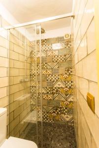 a shower with a glass door and a toilet in a bathroom at La posada del Cani in Cómpeta