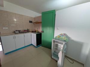 a kitchen with a green door and a refrigerator at ponta gato residence in Tarrafal