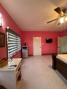 a bedroom with red walls and a bed in a room at Private Executive Master Suite - Parham, Antigua in Vernons