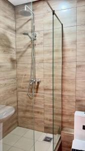 a shower with a glass door in a bathroom at Dan plus in Aktobe