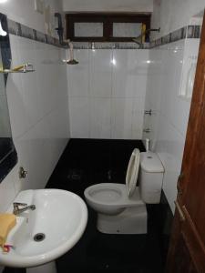 a bathroom with a white toilet and a sink at Lion Isle Residence in Anuradhapura