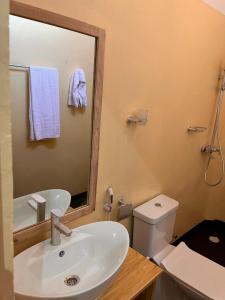 a bathroom with a sink and a mirror and a toilet at Googles Beach Hotel Zanzibar in Zanzibar City